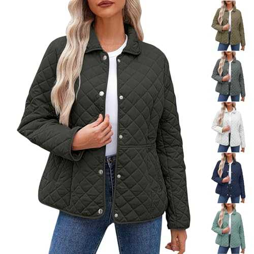 Womens Quilted Jackets Winter Warm Coats Diamond Casual Long Sleeve V-Neck Coats Solid Color Elegant Non Collar Padding Coats Jackets Ladies Lightweight Jackets Outwear