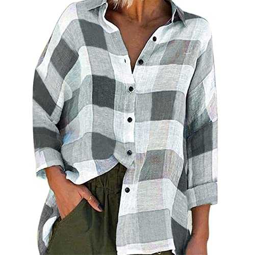 Long Sleeve Stretch Top with Long Sleeves Check Tops Loose Print Women Fashion Blouse Women's Blouse Ladies Plus Size Shirts Longline T Shirt Women Womens Cotton Shirts Long Sleeve