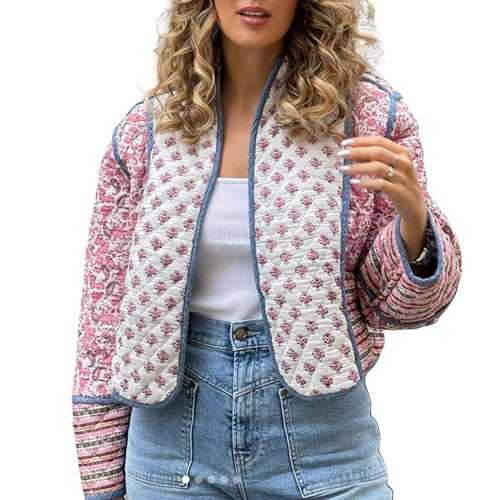 Nokiwiqis Women's Cropped Puffer Jacket Floral Print Open Front Quilted Coat Cardigan Lightweight Long Sleeve Padded Jacket Outerwear