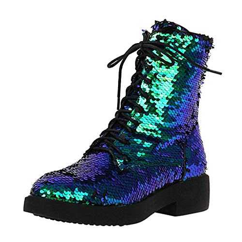 LUXMAX Womens Sequin Glitter Combat Chunky Lace Up Ankle Boots