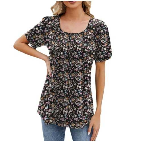 Women Summer Tops Short Sleeve Front Pleated Shirt Ladies Floral Print Short Sleeve Tunic Tops Round Neck Flower Casual Loose Long Length Tees Shirt Office Work Basic Blouse