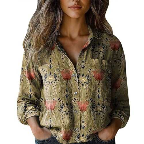 Womens Linen Print Shirts Vintage Open Front Button Down Flower Graphic Boho Blouses 2025 Stylish Casual Long Sleeve Beach Travel Vacation Tops Ladies Baggy Breathable Shirt