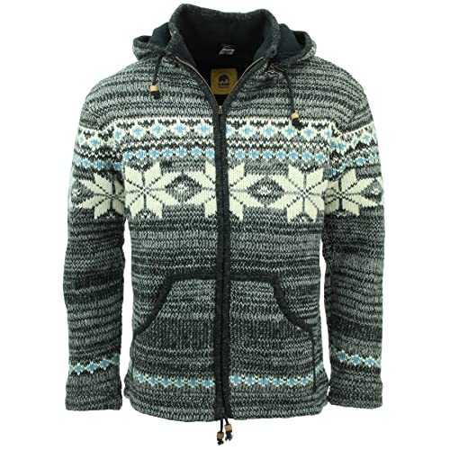LOUDelephant Hand Knitted Wool Hooded Jacket Cardigan Unisex Mens Womens Fleece Lined Zip Removeable Hood Hoodie Nepal 100% Pure for Winter Layering Warm Warmth Outdoors Activity Hiking