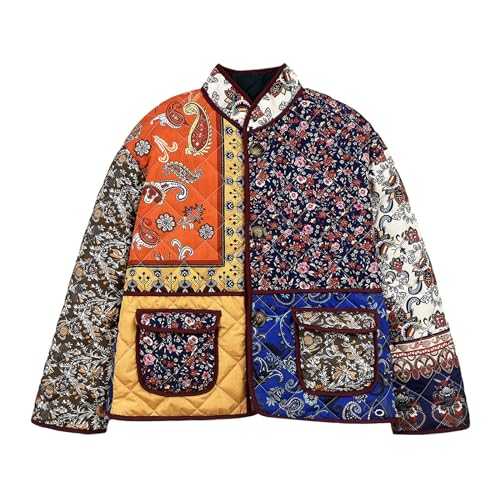 Owegvia Women's Floral Print Puffer Jacket Winter Warm Quilted Coat Long Sleeve Button Up Lightweight Padded Jackets
