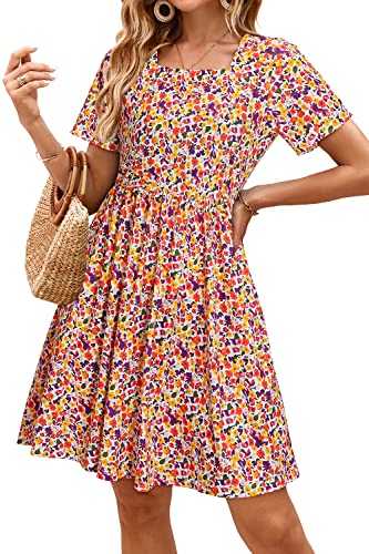OUGES Womens Summer Spring Dresses Square Neck Short Sleeve Casual Floral Dress Ladies Sundress with Pockets