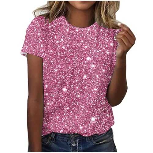 Summer Tops for Women Short Sleeve Round Neck T Shirts Sparkly Print Loose Fit Cute Tee Shirt Casual Tshirts Spring Summer Short Sleeve Blouse for Ladies UK Plus Size 8-22