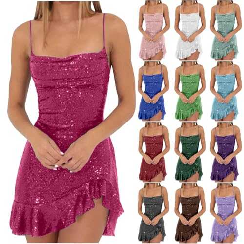 HAOLEI Womens Sparkly Dress Ruffled Mini Bodycon Evening Wedding Guest Dress Sequin Sleeveless Wrapped Dinner Dance Party Dress Elegant Ladies Glitter Sexy Prom Cami Dress
