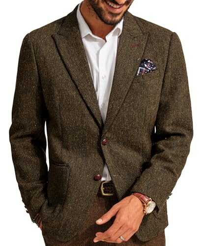 PJ PAUL JONES Mens Blazer Vintage Herringbone Tweed Blazer Two Button Wool Blend Sport Coat with Pocket Square