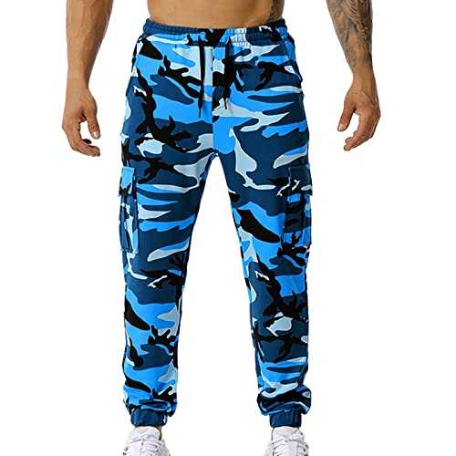 Camouflage Trousers for Men, Jogging Sweatpants Tracksuit Bottoms Men Camo Gym Joggers Cargo Sweatpants Drawstring Multi-Pocket Running Trousers Combat Camouflage Work Pants Summer Mens Trousers