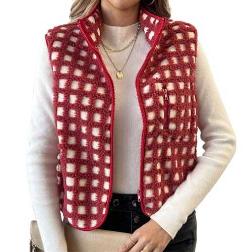 Women's Plaid Gilet Fluffy Vest Ladies Sleeveless Jacket Vintage Checkered Zip Up Short Body Warmer Y2k Aesthetic Top Clothes Outfit Spring Autumn