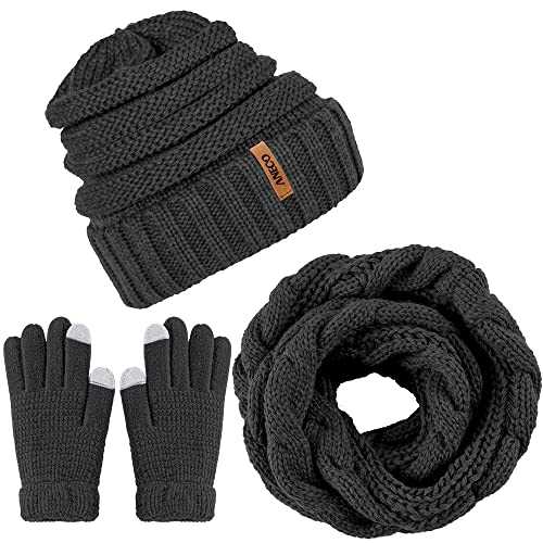 ANECO Winter Warm Knitted Scarf Beanie Hat and Gloves Set Men & Women's Soft Stretch Hat Scarf and Mitten Set