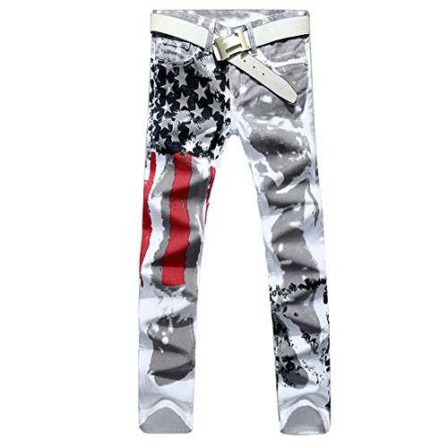 Longe Men's American USA Flag Printed Washed Jeans White Fit Trousers Pants