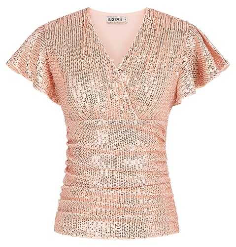 GRACE KARIN Women's Sequin Tops Glitter Sparkly Blouse Dressy Ruched Ladies Wrap Tops for Cocktail Party Evening