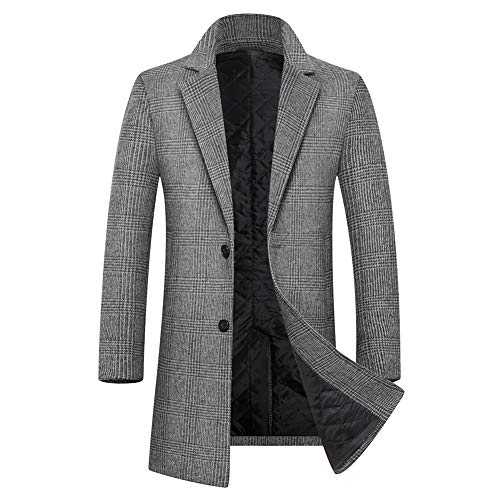 YOUTHUP Mens Check Wool Coat Slim Fit Padded Thick Winter Overcoat Single Breasted Plaid Peacoat