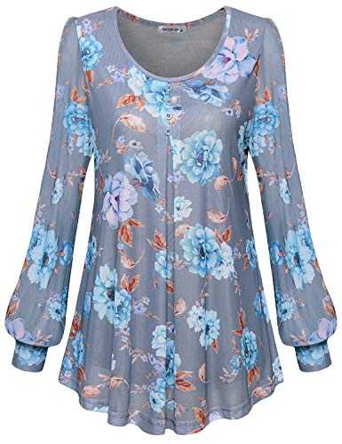 MOQIVGI Womens Long Sleeve Scoop Neck Button Trim Pleated Layered Floral Blouse Tops