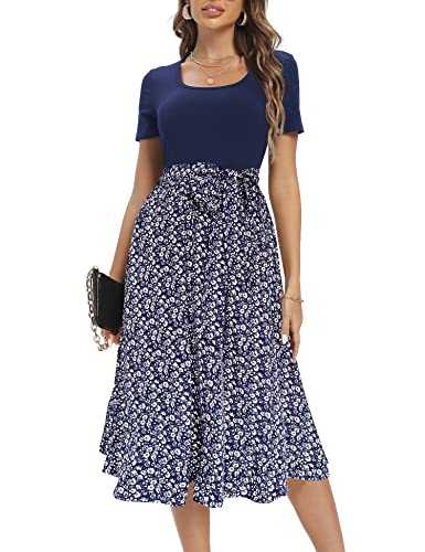 Aeuui Womens Dresses Short Sleeve Elastic Waist Ribbed Floral Modest Casual Dresses Work Midi Dress with Pockets