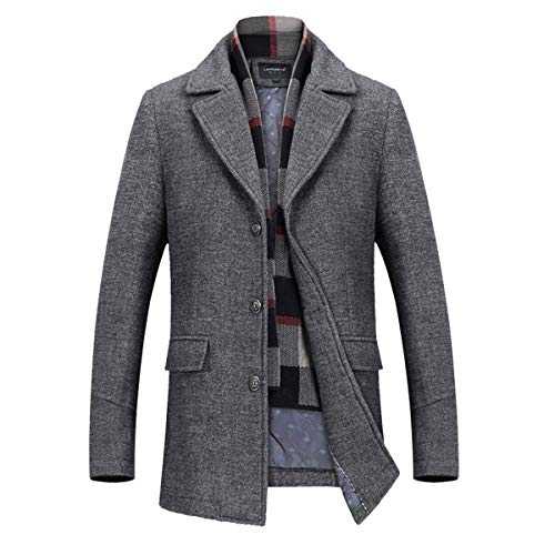 Men's Wool Blend Pea Coat With Removable Scarf Warm Winter Trench Coat Business Coats