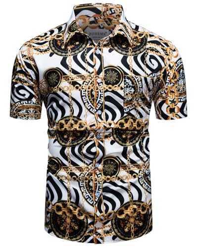 fohemr Mens Chain Print Shirt Luxury Baroque Vintage Short Sleeve Casual Button Down Dress Shirts