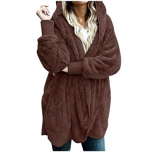 Teddy Fleece Jacket Women Clearance Winter Fluffy Coat Plain Cozy Fuzzy Sherpa Hoodie Front Open Warm Plush Cardigan Ladies Jumper Solid Color Hooded Overcoat with Pockets Plus Size S-5XL