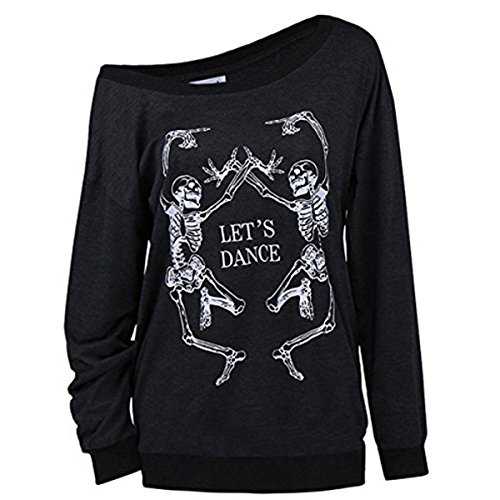 LUFENG Women's Halloween Off Shoulder Skeleton Printing Funny T-Shirt Long Sleeve Sweatshirts Pullover Tops