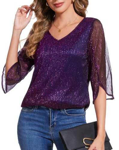 BILIKE JOMEX Women's 3/4 Sleeve Glitter Blouses Dressy Sparkly Double Layers Mesh Tunic Tops