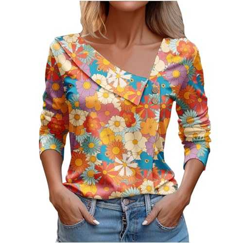 Skang ladies t shirt Women's V Neck Long Sleeve Printed T Shirt Fashionable Casual Top