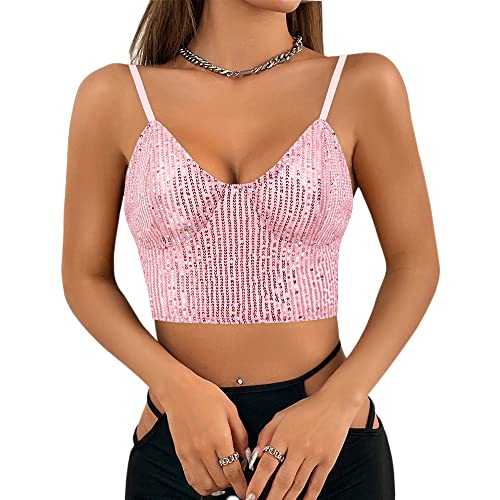 Haoohu Women's Sparkly Sequin Spaghetti Strap Crop Top Sleeveless V Neck Rave Tank Vest Clubwear