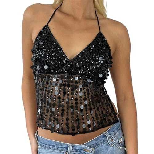 Women Sparkly Sequin Halter Crop Top Sexy Deep V Neck Open Back Tank Vests Cami Summer Camisole for Club Party