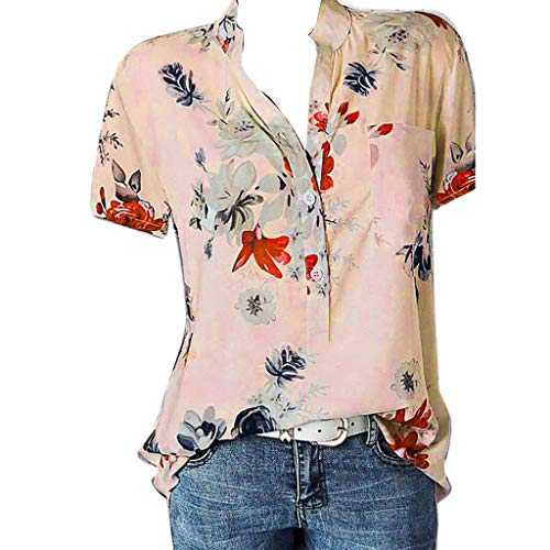 Summer Blouse Women's Light Elegant Colourful Muslin Blouse Women's Short Sleeve Large Print Summer Shirt Pocket Short Sleeved Shirt Top V-Neck for Summer Shirt Casual T Shirts Summer Blouses