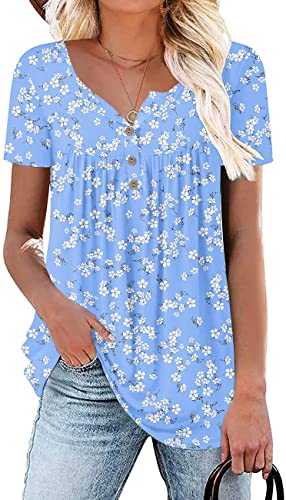 Aodemo Women's Summer Casual Henley V Neck Tunic Ladies Button Up Tops Flowy Short Sleeve Shirts Loose Blouse