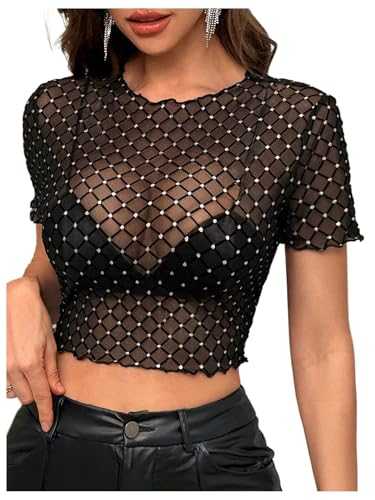 GORGLITTER Women's Glitter See Through Crop T Shirts Crewneck Short Sleeve Sexy Skinny Party Tops