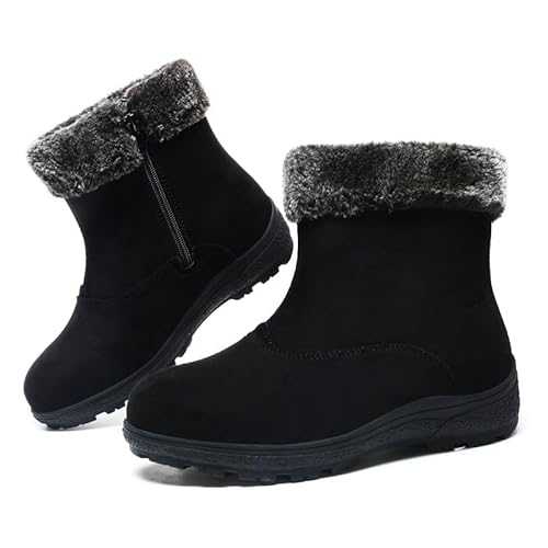 Womens Snow Boots Ankle Boots Side Zipper Velcro Winter Fur Lined Leather Waterproof Warm Shoes Closure Ladies Outdoor Flat Hiking Walking Shoes Non Slip Mid Calf Sport Shoes Lightweight Girls