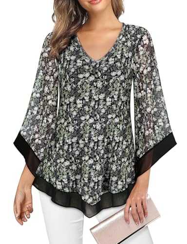 Gemulate Black Ladies Chiffon Ruffle 3/4 Sleeve V Neck Overlay Layered Evening Top - Multi-black, XXL