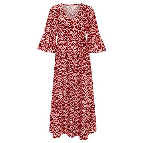 AMDOLE Women Casual Dresses with Pockets Ladies Dress Bohemian Casual Print V Neck High Waist Maxi Dress Dress for Women