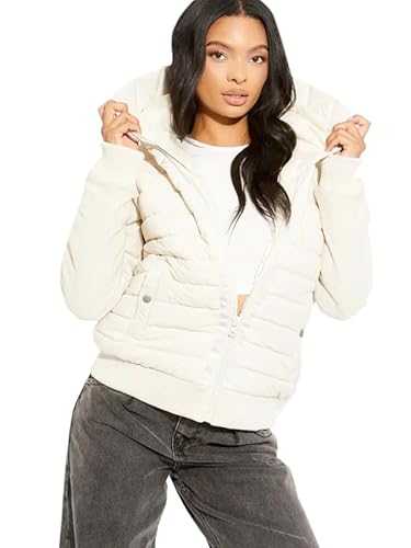 kraftd Womens Winter Jacket Hooded Warm Coat Puffer Bomber Short Jackets With Ribbed Sleeves
