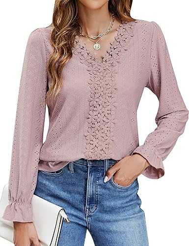 Blooming Jelly Womens Casual Long Sleeve Tops Lace V Neck Shirts Puff Sleeve Chiffon Blouse Loose Fit T-Shirts