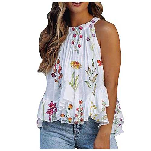 AMhomely Women's Halter Neck Tank Tops Floral Sleeveless Shirt Pleated Casual Camisole Sweatshirt Loose T Shirt Blouses Jumper Henley Shirts Elegant for Ladies UK