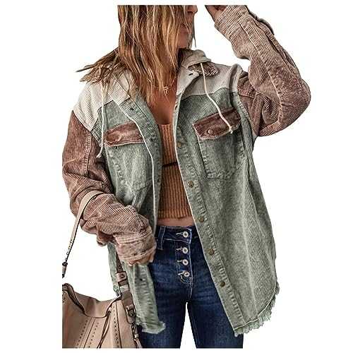 uSecee Women's Denim Jacket Splicing and Color Matching to Make Old Double-Mouth Bag Hooded Jacket Coat Lapel Long Sleeve Vintage Button Down Denim Jacket Shacket