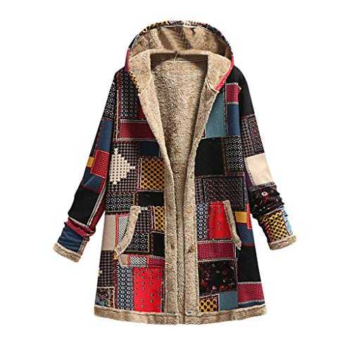 Womens Outerwear, SHOBDW Ladies Cardigan Hooded Loose Fit Composite Jacket Winter Warm Outwear Print with Pockets Vintage Coats Single Breasted Tops Blouse(#1 Red,L)