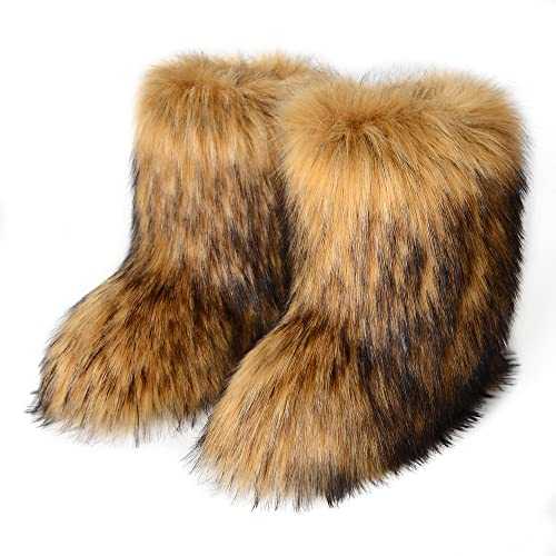 Women's Faux fur Boots Winter Mid-Calf Warm Snow Boots Fuzzy Fluffy Furry Comfy Short Boots Indoor Outdoor Flat Boots