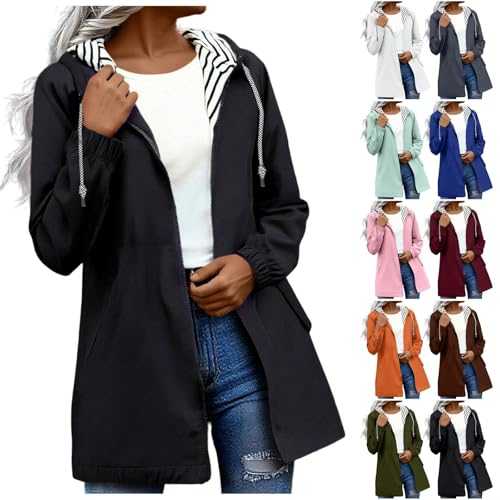 AMDOLE Lightweight Waterproof Jacket Womens Long Coat oversized Solid Color Windproof Hiking Raincoat Walking Windbreaker Sport Jacket Full-Zip Windproof Outerwear Clothing with Pockets