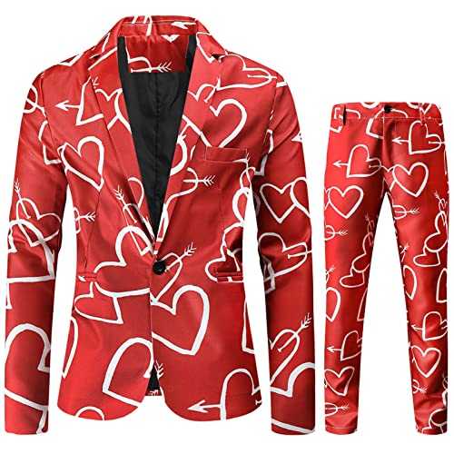 Men Suits Casual Fashion 2 Piece Set Love Printed Coat Jacket Pants Suit Comfortable Soft Vest Pant 2 Piece Set Mens Full Suit