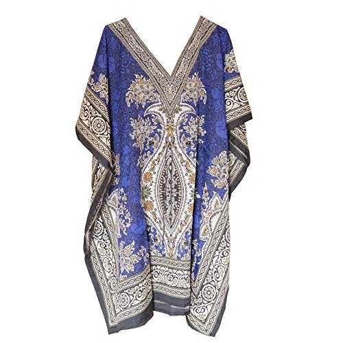 THEBLUEEVE Women's Short Kaftan Free Size V Neck Top Mini Poncho Dress Beach Cover Up Evening Gown Blue