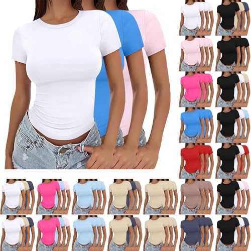 3 Pack Short Sleeve Tops for Women UK 2025 Fashion Solid Color Crew Neck Shirt Summer Lightweight Slim Fit Y2K Basic Tops Soft Comfortable Double Lined Top Stretch Tight Crop Tee Pullover T-Shirts