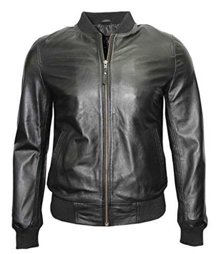 Mens Retro Black Nappa Leather Bomber Slim Fit Casual Varsity Jacket