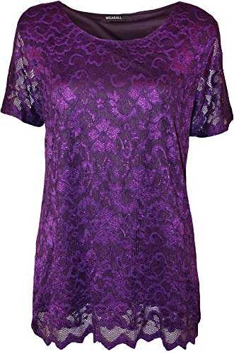 WearAll Plus Size Womens Lace Lined Scallop Edge Ladies Short Sleeve T-Shirt Top - 14-28