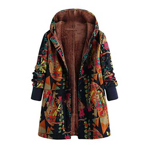 HOOUDO Coats for Women,Autumn Winter Sale Warm Vintage Printed Parka Fleece Winter Coats with Hooded Jacket Outwear Overcoat Plus Size Coffee