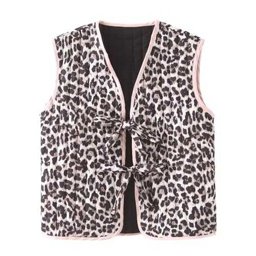 Cotton Jackets for Women Uk Women Coat Sleeveless Jackets Ladies Tie Front Winter Coat Leopard Print Outerwear Open Front Overcoat Padded Puffer Coat Fall Winter Outwear