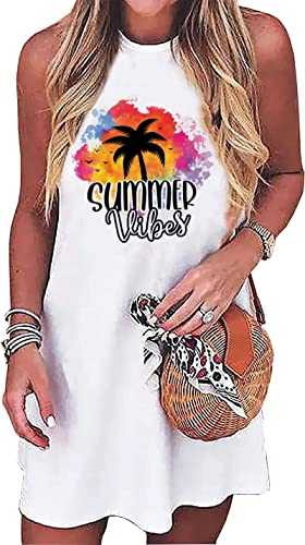 Good Vibes Rainbow O-Neck Loose Casual Summer Camping Women Sleeveless Funny Letter Graphic Rainbow Mini Dress