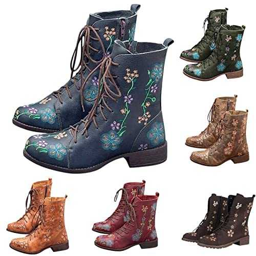 DGHM Boots for Women Waterproof Calf Length Lace up Mid-Calf Boots Leather Ankle Boots Work Boots Retro Flat Snow Walking Boots